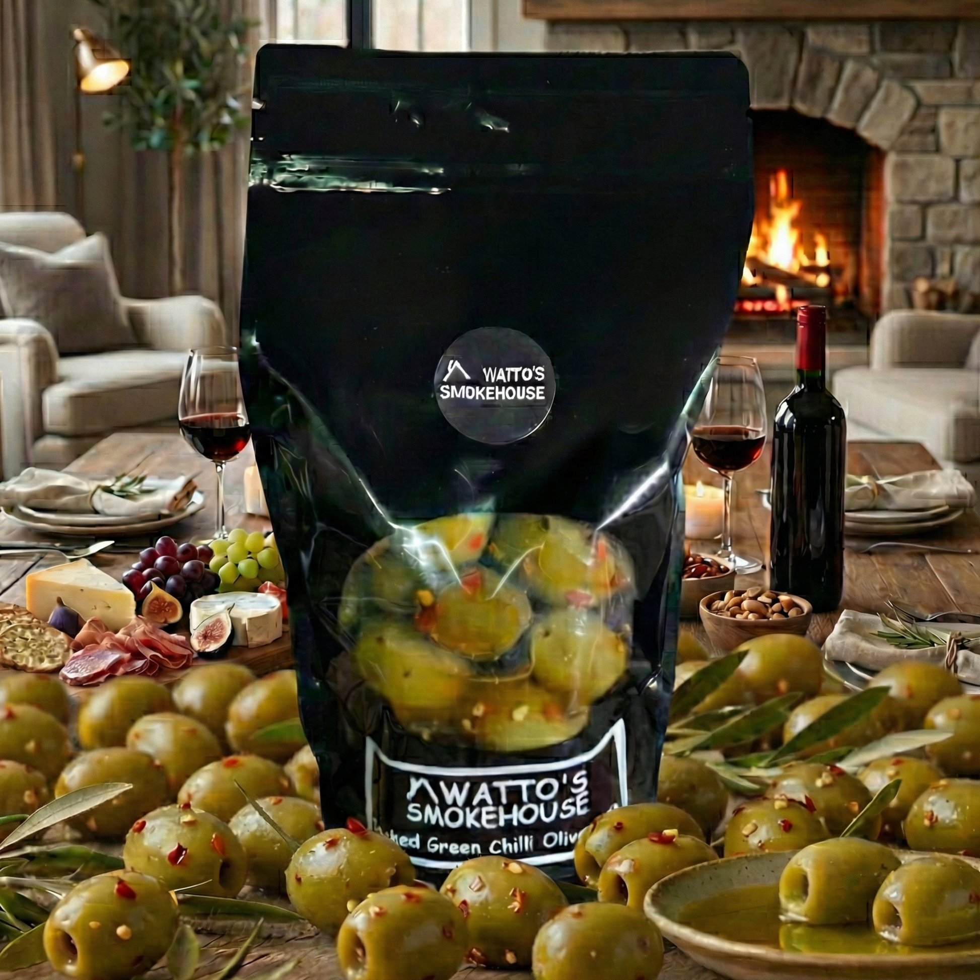 Bag of watto's Smokehouse olives on a table with a fireplace and living room in the background