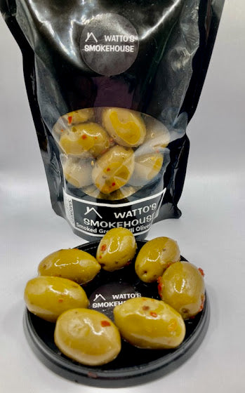 Premium Greek olives marinated with chilli and spice, smoked for hours with Australian hardwood. You think you know Olives - these are next level perfectly balanced Chilli Smokey yumminess !