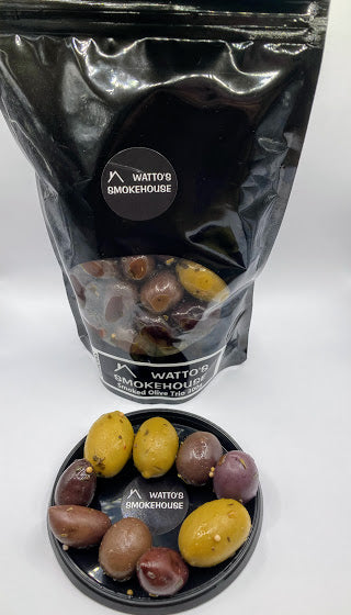 Premium Greek Marinated olives ,the Trio consists of Kalamata,Green & Black olives. Smoked for hours with Australian hardwood. You think you know Olives - these are next level with a perfect balance of Smokey yumminess !